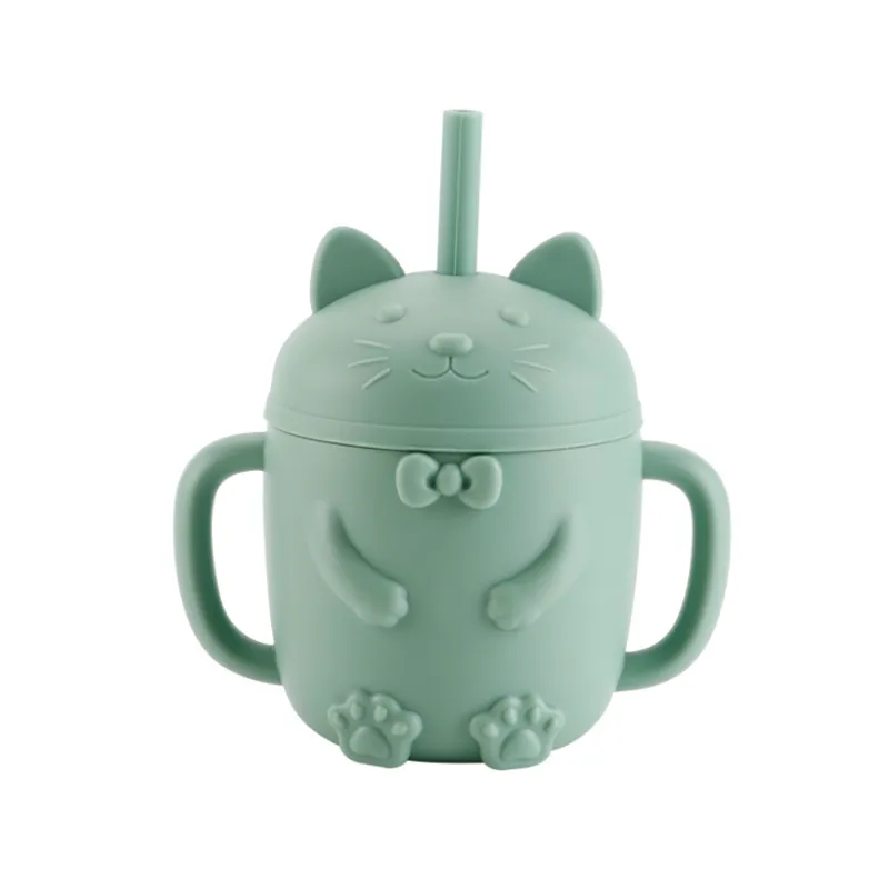 Baby Cartoon Cat Design  Silicone Cup with BPA-Free Straw for Supplementary Feeding and Learning to Drink Green