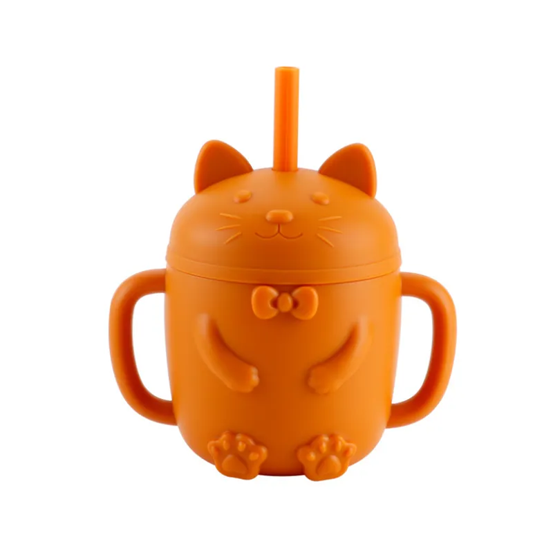 Baby Cartoon Cat Design  Silicone Cup with BPA-Free Straw for Supplementary Feeding and Learning to 