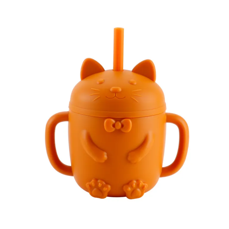 Baby Cartoon Cat Design  Silicone Cup with BPA-Free Straw for Supplementary Feeding and Learning to Drink Orange