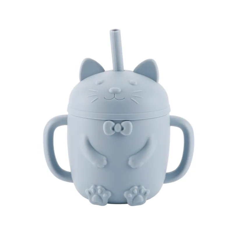 Baby Cartoon Cat Design  Silicone Cup with BPA-Free Straw for Supplementary Feeding and Learning to Drink Bluish Grey