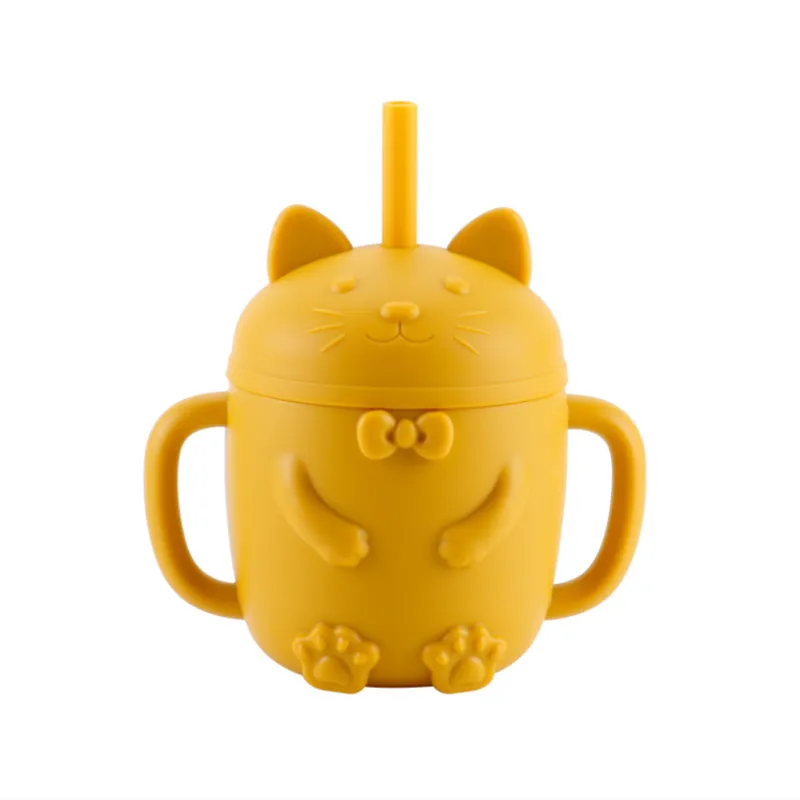 Baby Cartoon Cat Design  Silicone Cup with BPA-Free Straw for Supplementary Feeding and Learning to Drink Yellow
