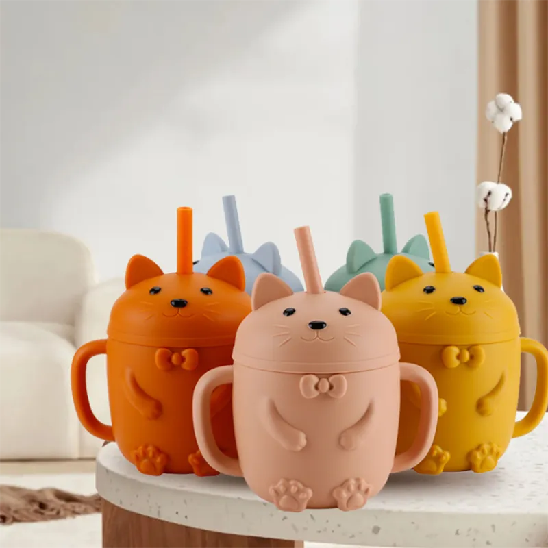 Baby Cartoon Cat Design  Silicone Cup with BPA-Free Straw for Supplementary Feeding and Learning to Drink Coral image 3