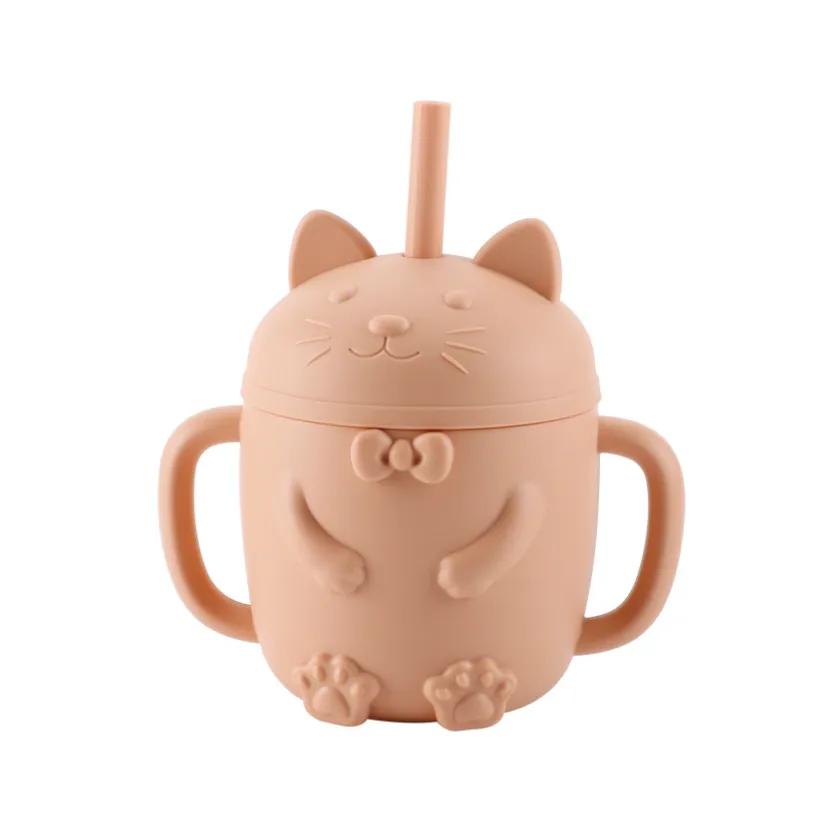 Baby Cartoon Cat Design  Silicone Cup with BPA-Free Straw for Supplementary Feeding and Learning to Drink Coral big image 1