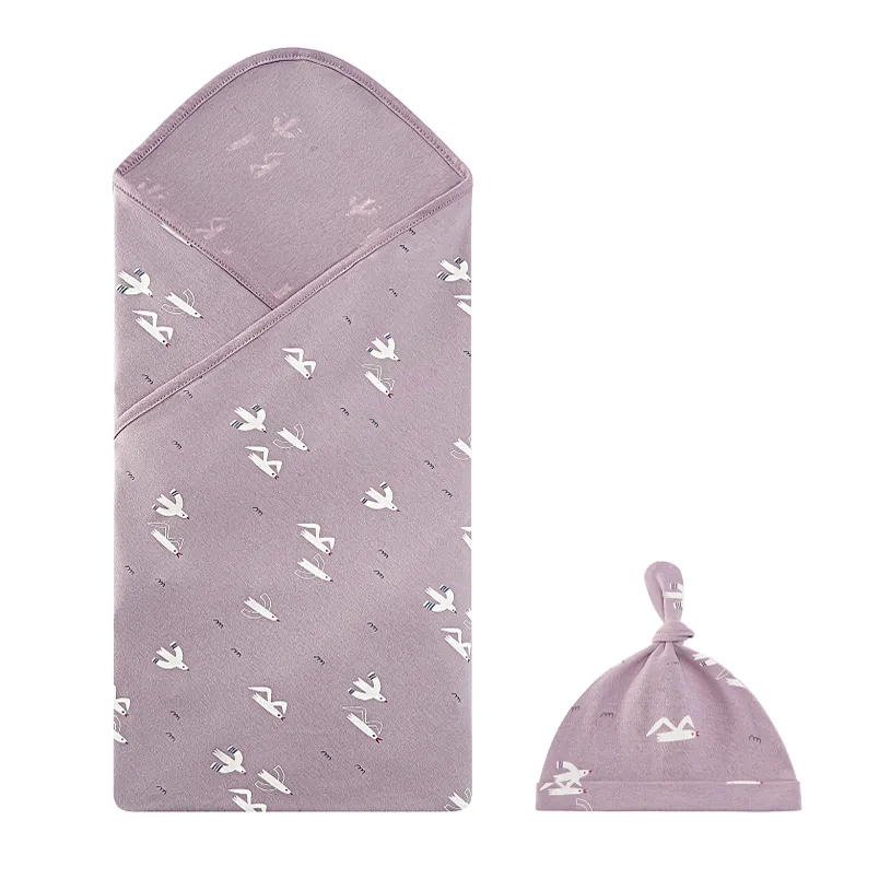 Newborn Cotton Swaddle Blanket with Hat Purple
