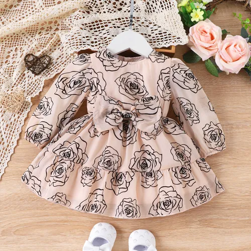 Baby Girl Sweet  Big Floral Pattern Puff Sleeves Dress