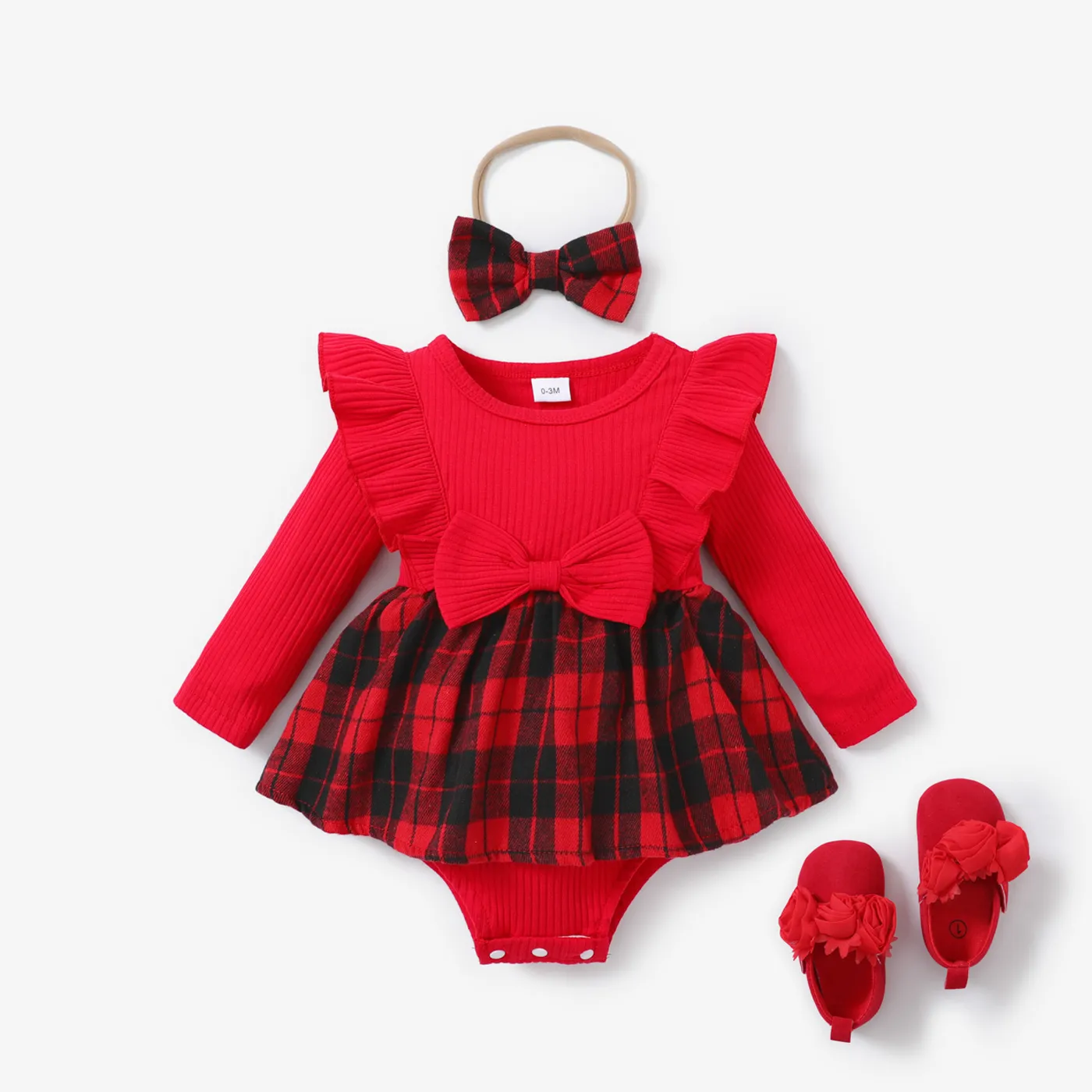 Christmas Baby Girl Grid print Ruffled Romper/Socks/Shoes