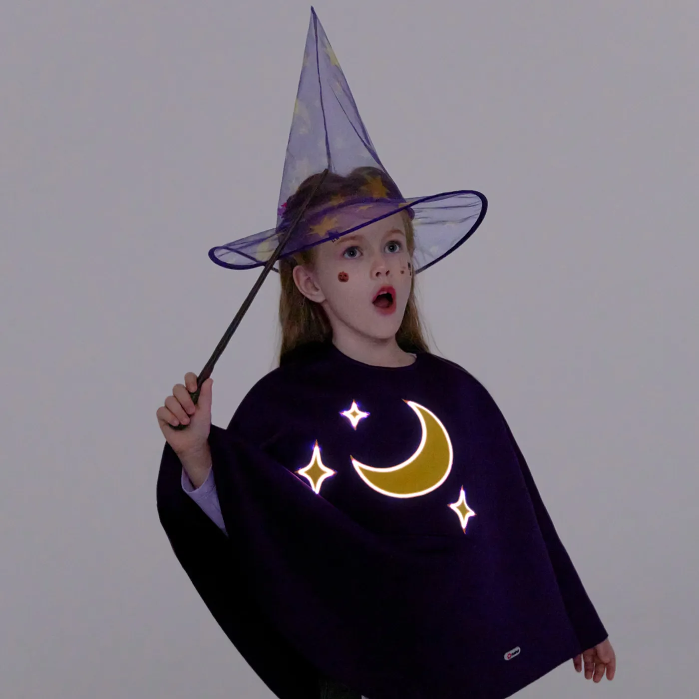 Go-Glow Halloween Illuminating Purple Cape With Wizard Hat With Light Up Moon And Stars Including Controller (Built-In Battery)