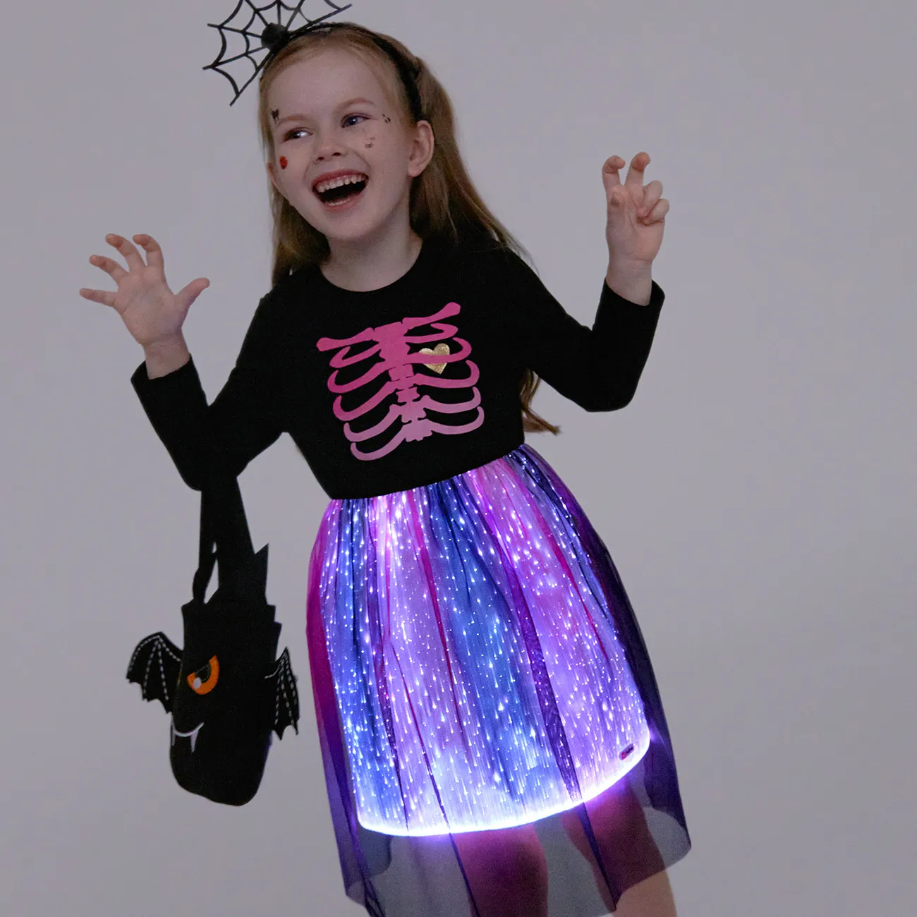 Go-Glow Halloween Illuminating Kid Dress with Light Up Stripes Color Clash Skirt Including Controller (Built-In Battery) Black big image 1