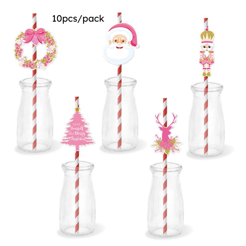 Pink Themed Christmas Cake, Straw, and Vase Place Cards