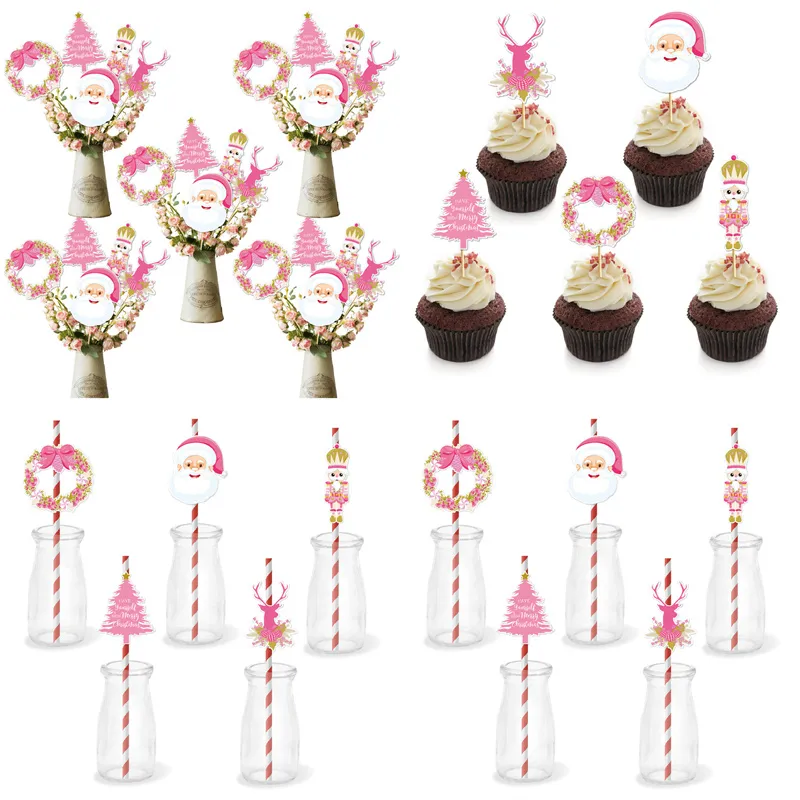 Pink Themed Christmas Cake, Straw, and Vase Place Cards  Color-C image 3
