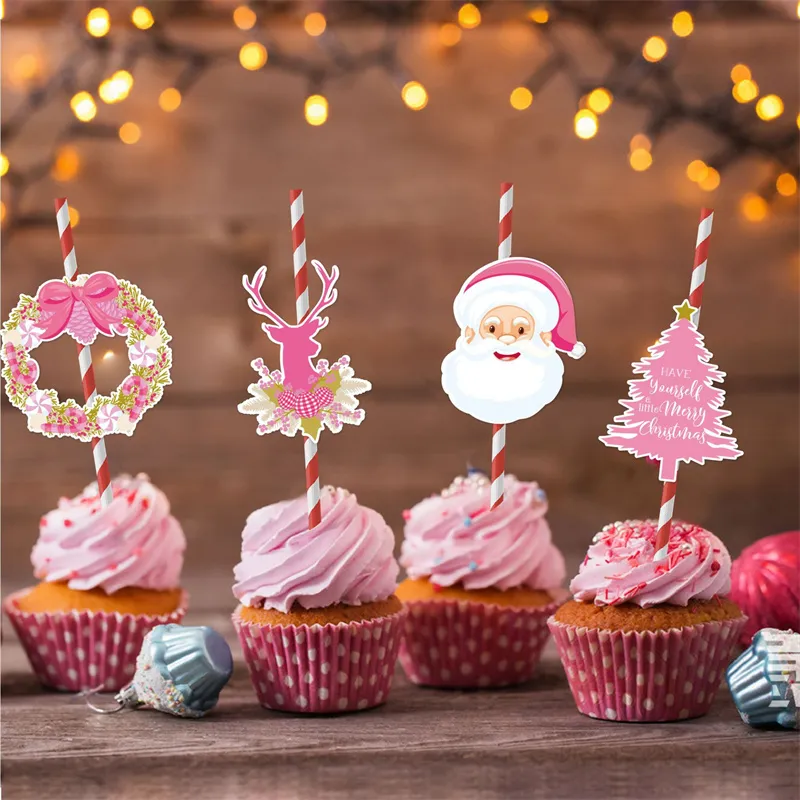 Pink Themed Christmas Cake, Straw, and Vase Place Cards  Color-A big image 1