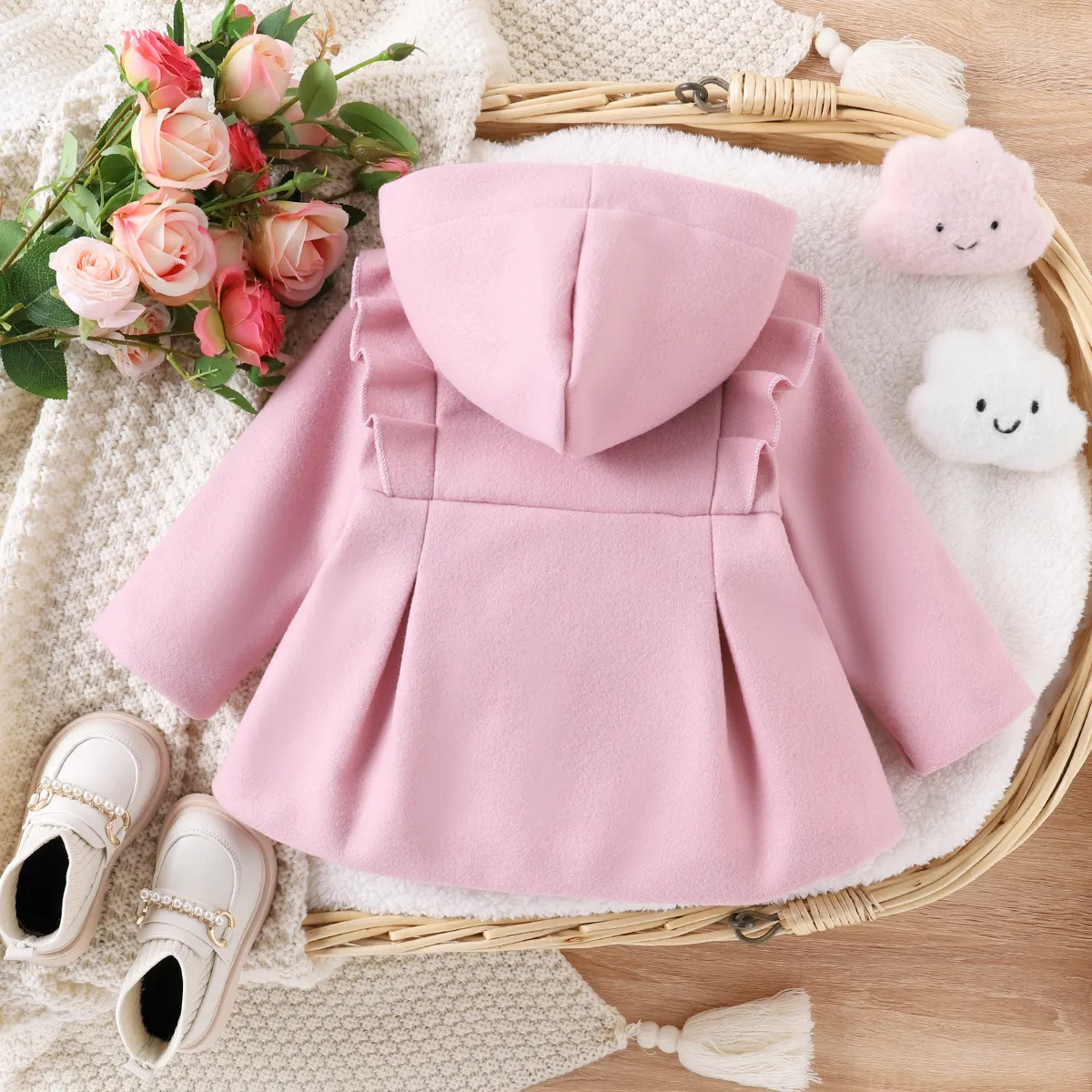 Baby Girl Pink Ruffle Trim Single Breasted Hooded Long-sleeve Coat Pink big image 1