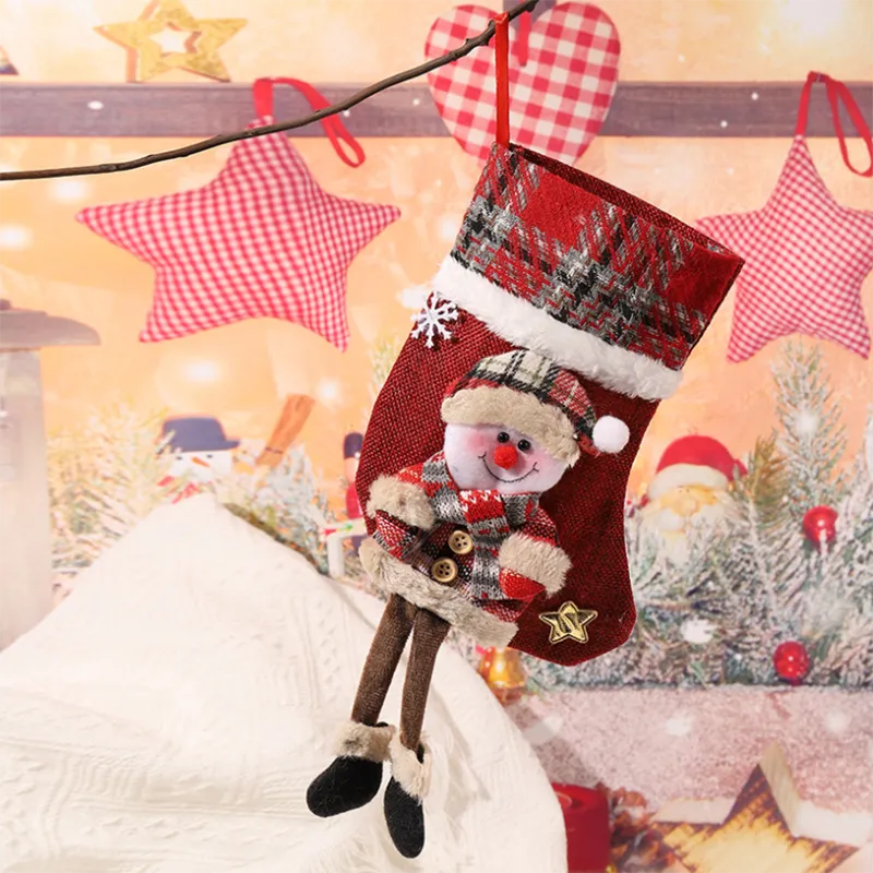 Meia de Natal quadriculada - Saco de presente decorativo para crianças com design de Papai Noel, ideal para doces e presentes Cor-D big image 1