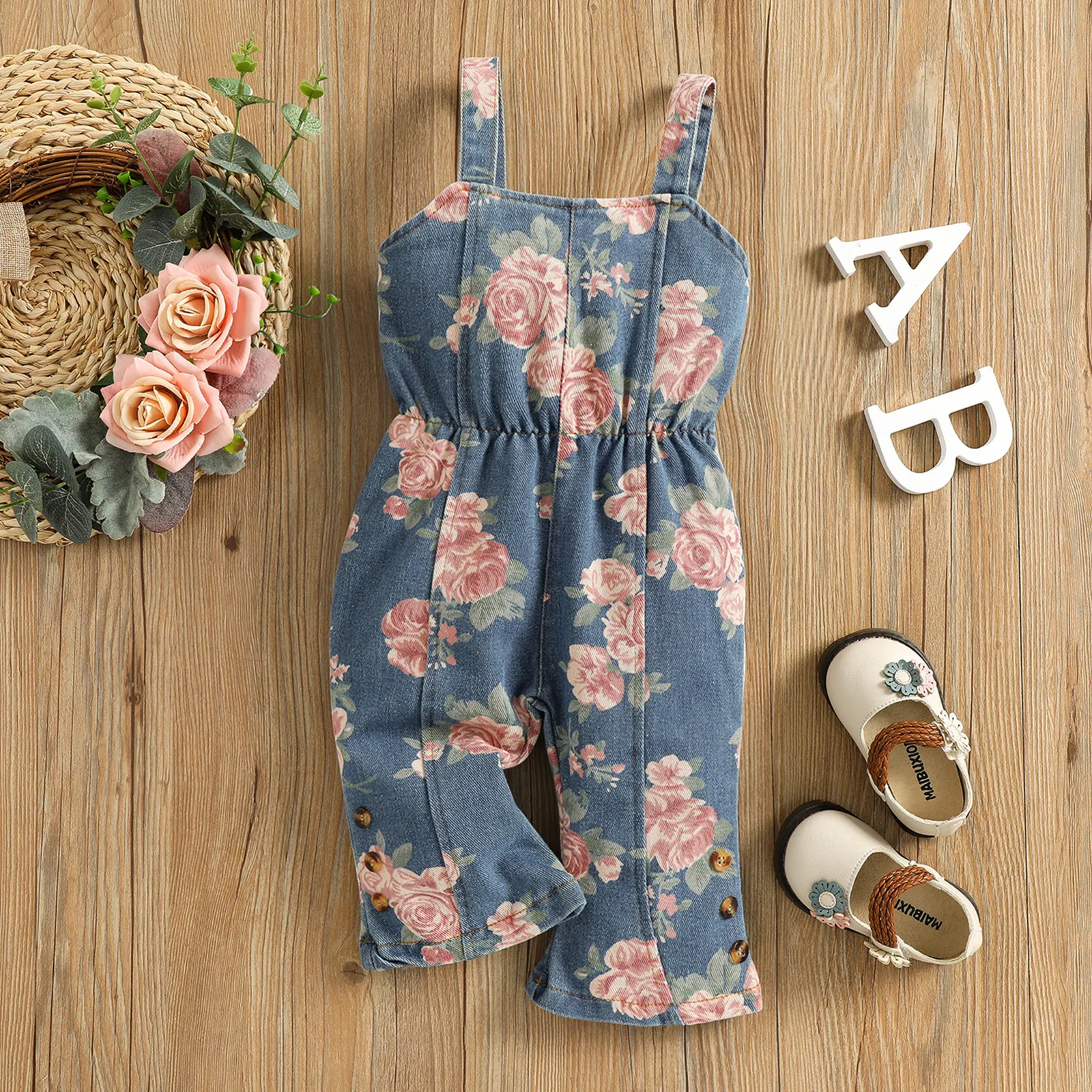 Baby Girl Sweet Flower Print Flared Overalls