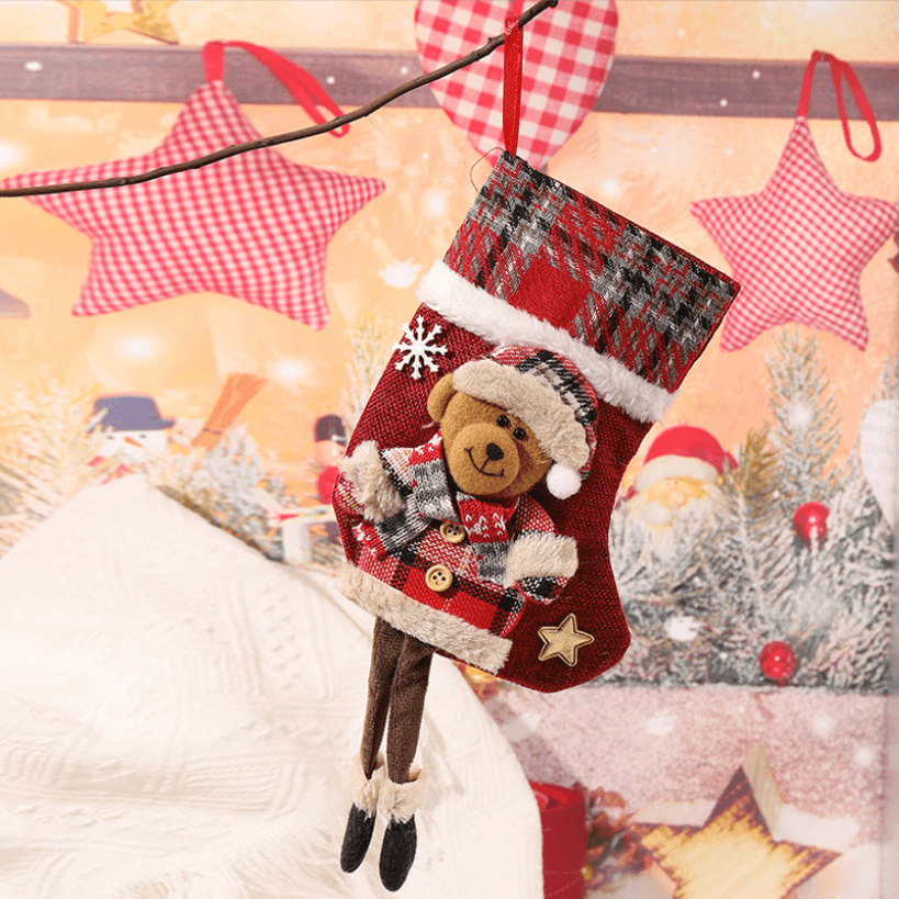 

Checkered Christmas Stocking - Decorative Gift Bag for Children with Santa Claus Design, Ideal for Candy and Presents