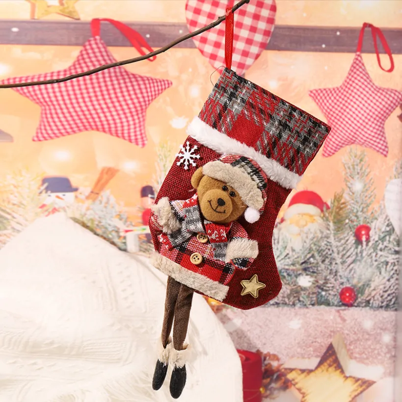 Checkered Christmas Stocking - Decorative Gift Bag for Children with Santa Claus Design, Ideal for Candy and Presents