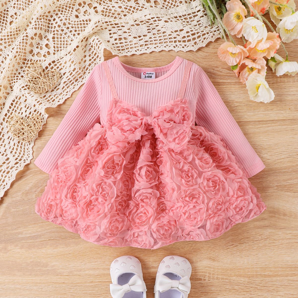 

Baby Girl Sweet 3D Flower Design Solid Color Long Sleeve Dress