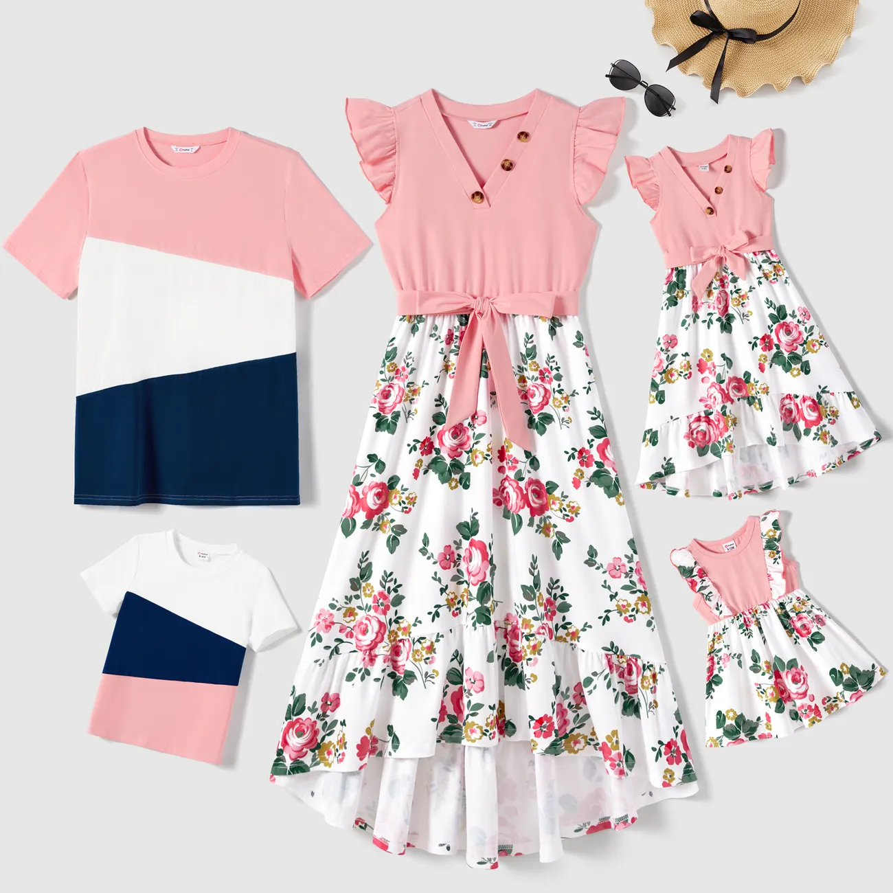 Family Matching Cotton Short-sleeve Colorblock Ribbed T-shirts and V Neck Flutter-sleeve Spliced Floral Print High Low Hem Dresses Sets Pink big image 1