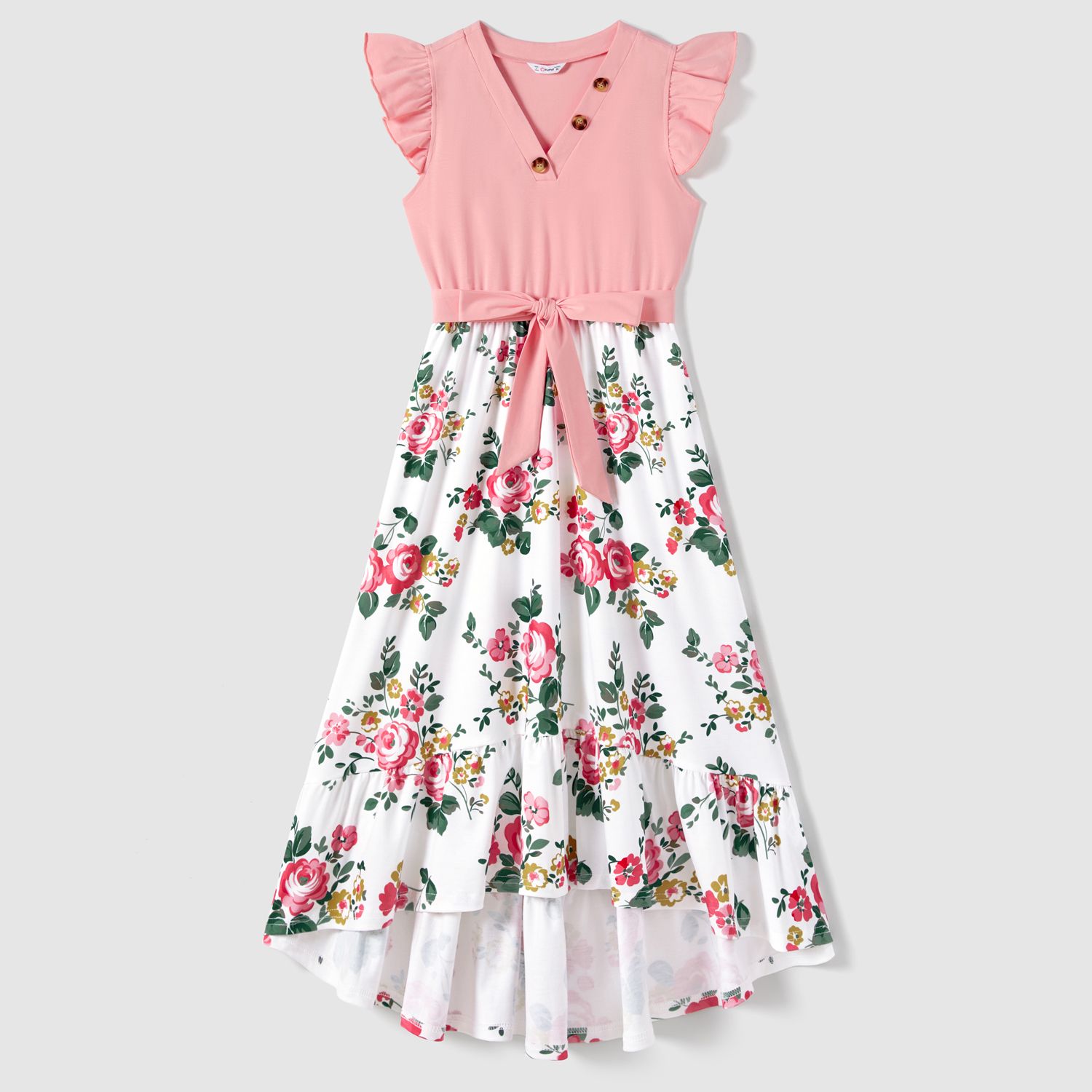 Family Matching Cotton Short-sleeve Colorblock Ribbed T-shirts And V Neck Flutter-sleeve Spliced Floral Print High Low Hem Dresses Sets