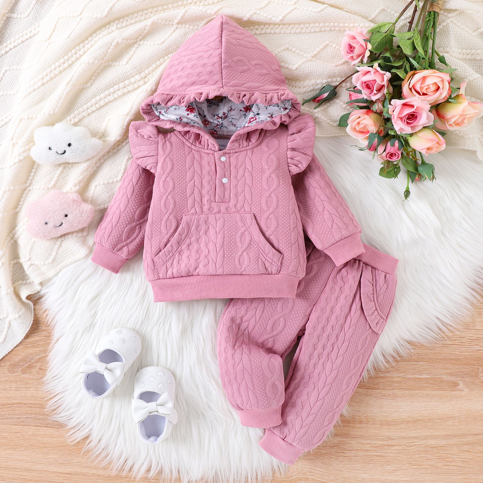 2PCS Baby Girl  Solid Color Sweet Hooded top/ pant