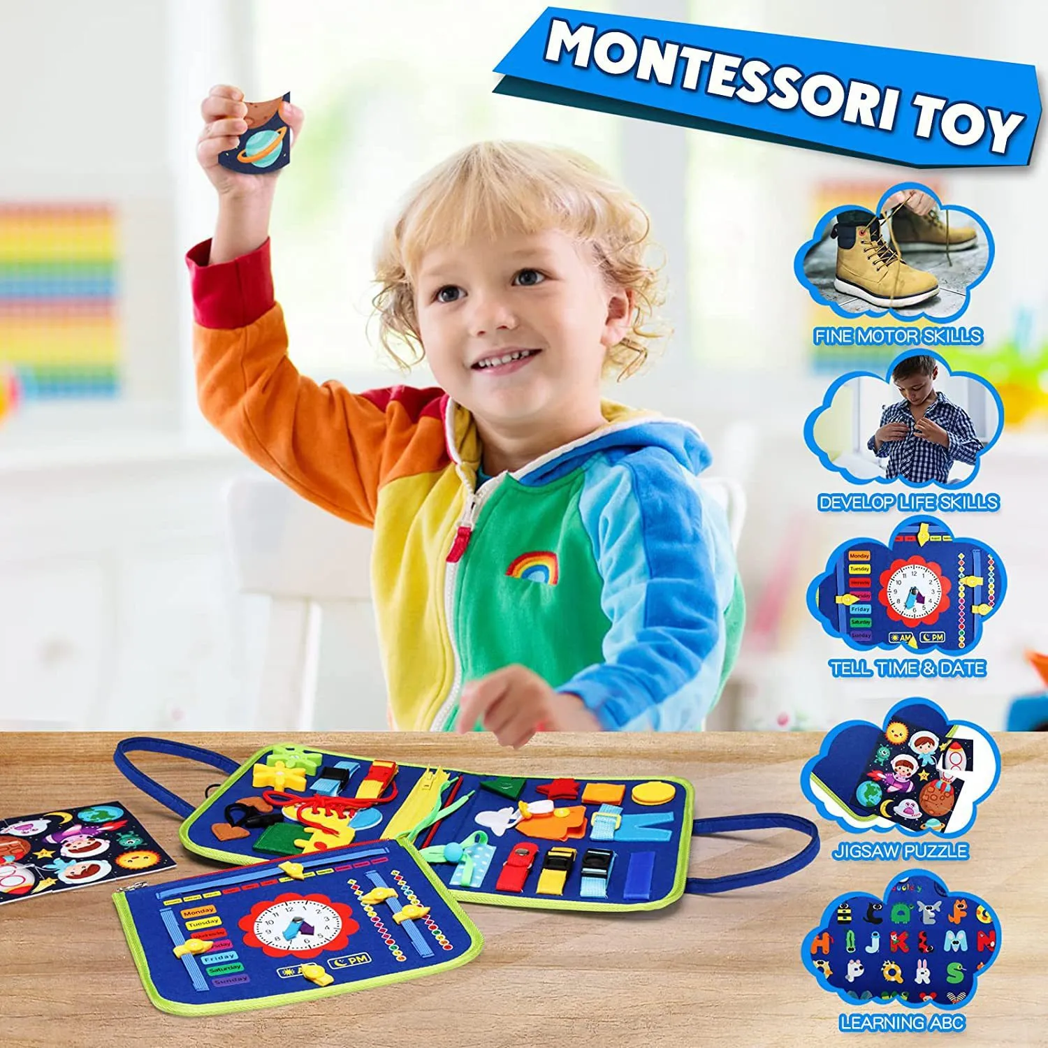 Felt Learning Board for Children - Educational and Puzzle Toy with Dressing and Busy Board, Perfect Birthday and Christmas Gift for Kids Blue image 6