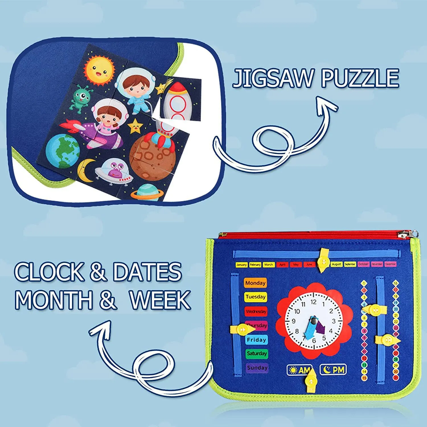 Felt Learning Board for Children - Educational and Puzzle Toy with Dressing and Busy Board, Perfect Birthday and Christmas Gift for Kids Blue image 5
