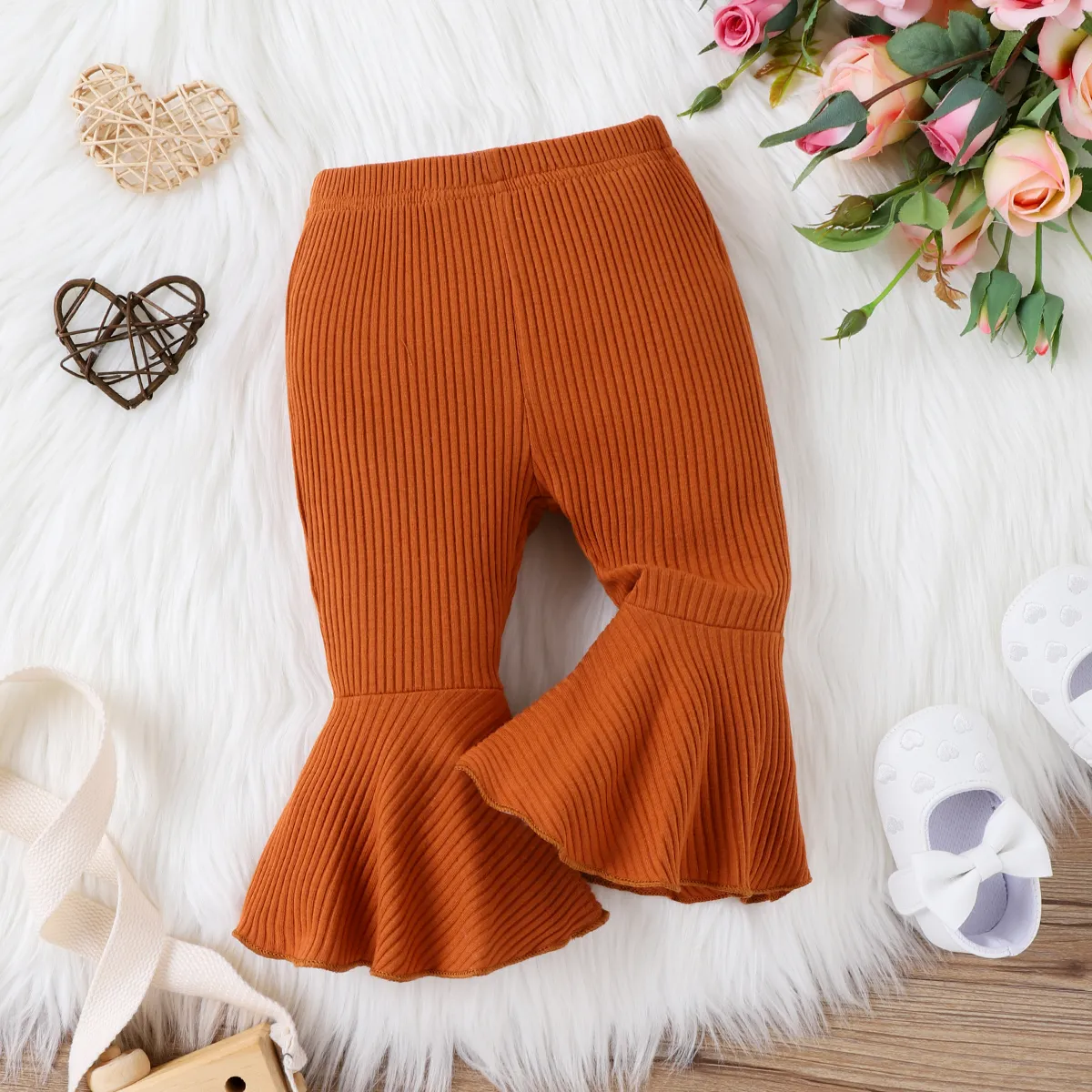 Baby Girl Solid Basic Ribbed Pants Brown