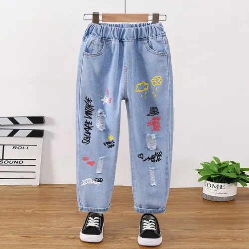 Kid Girl Casual Graffiti Cotton Denim Jeans