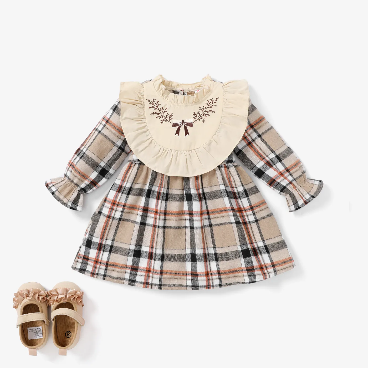 Baby Girl Grid Houndstooth Agaric Edge Robe à Manches Longues