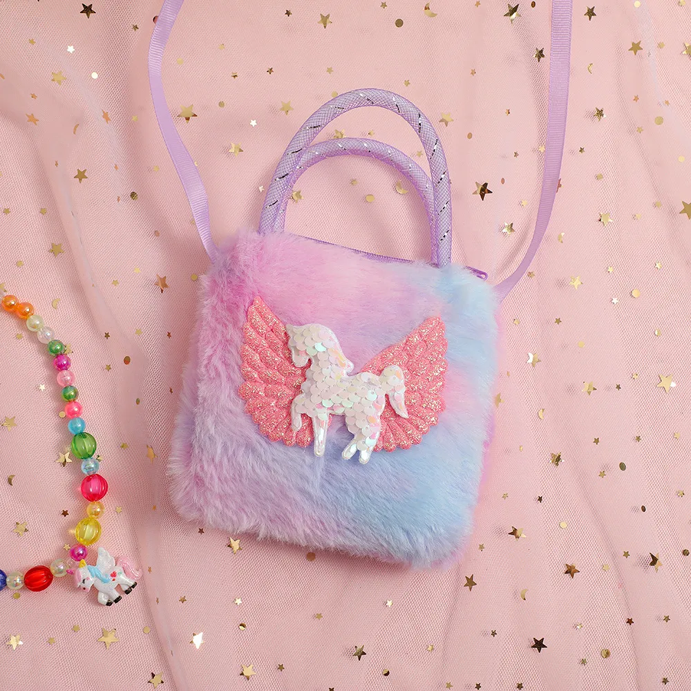 Cartoon unicorn shoulder bag, cute decorative bag that girls like Purple