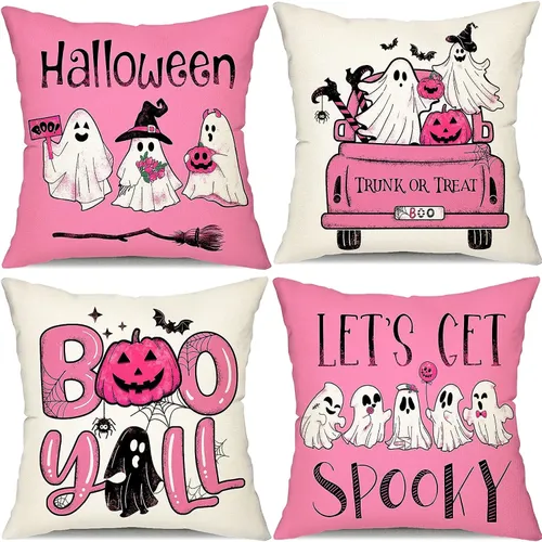 Pink Halloween Linen Pillowcase (No Pillow Core) 