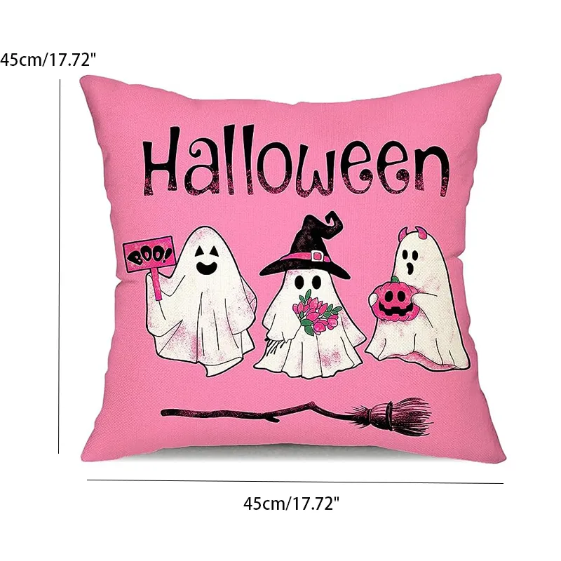 Funda de almohada de lino rosa de Halloween (sin núcleo de almohada)  Color-A big image 1