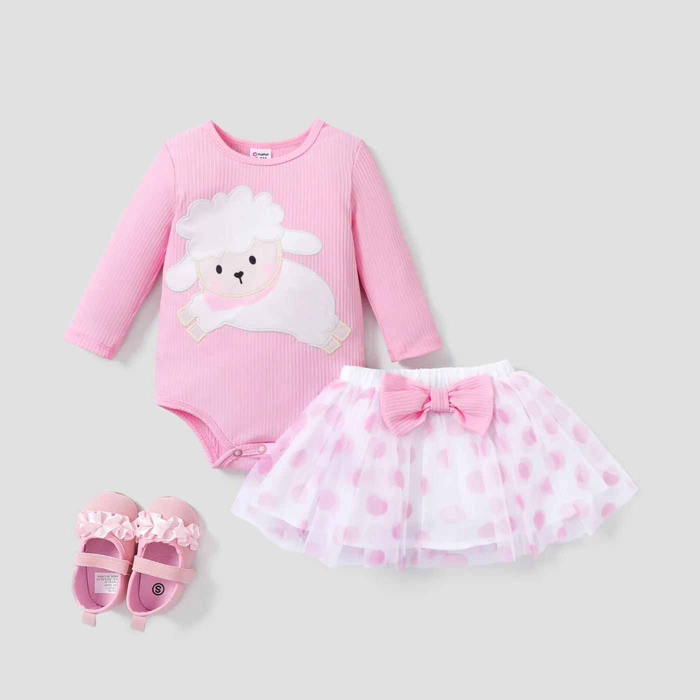 2PCS Baby Girl Sweet Sheep Pattern Top/Multi-Layered Mesh Bow Dress