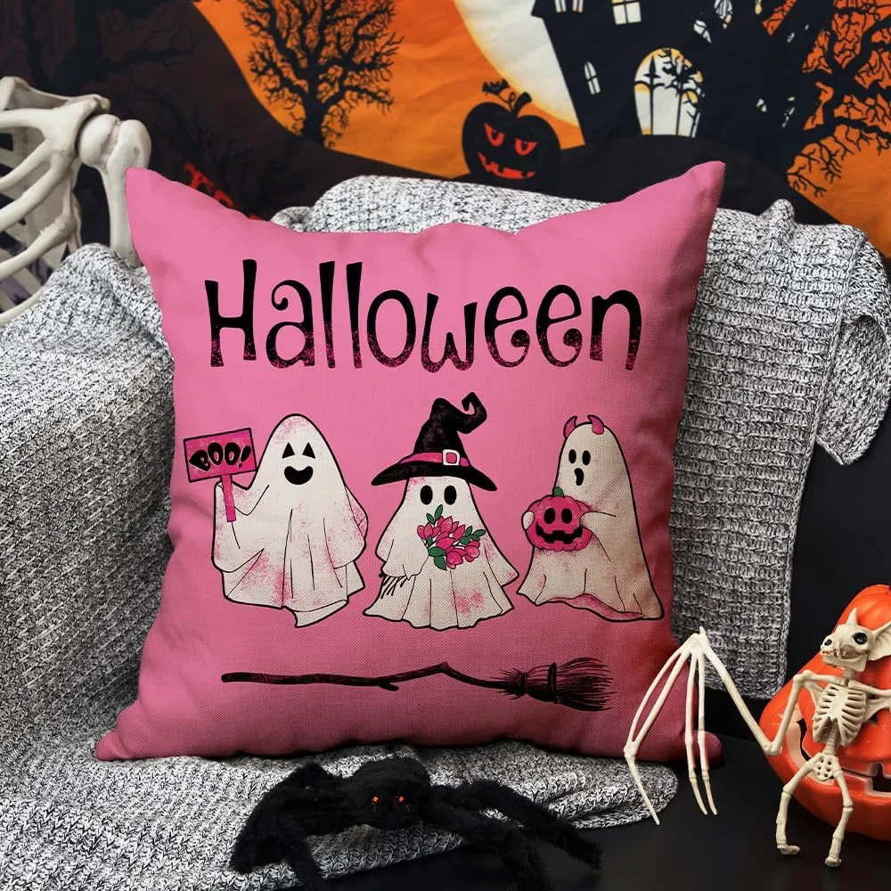 Pink Halloween Linen Pillowcase (No Pillow Core)  Color-A image 2