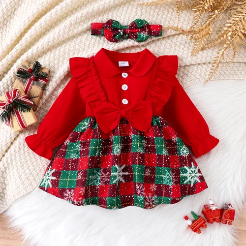 聖誕節 2件 嬰兒 布料拼接 甜美 長袖 連衣裙