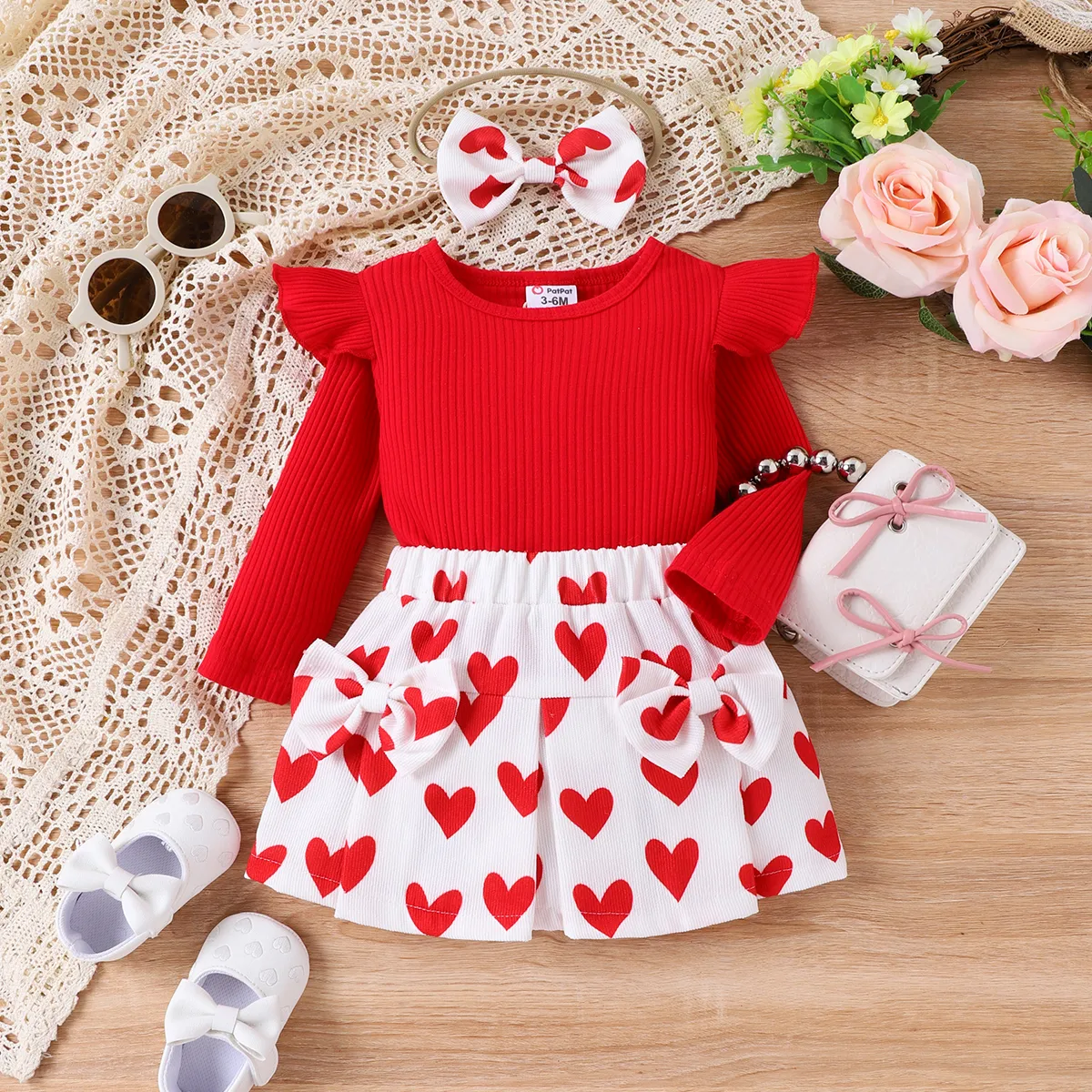 3PCS Baby Girl Christmas Ruffle Edge Top/Heart-shaped Skirt/Hair Clip Red big image 1