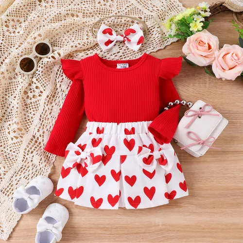 3PCS Baby Girl Christmas Ruffle Edge Top/Heart-shaped Skirt/Hair Clip