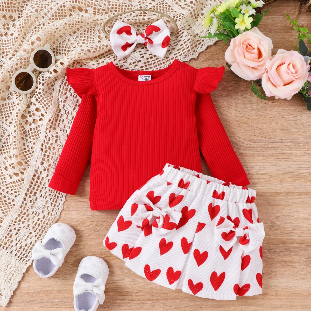 3PCS Baby Girl Christmas Ruffle Edge Top/Heart-shaped Skirt/Hair Clip Red image 3