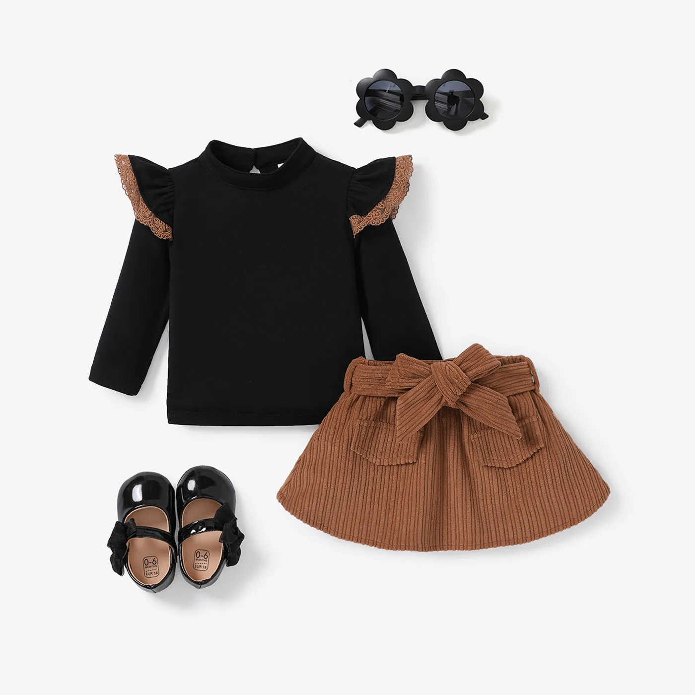2PCS Baby Girl Solid Color Long Sleeve Lace Top/Belt Dress Set Brown image 3