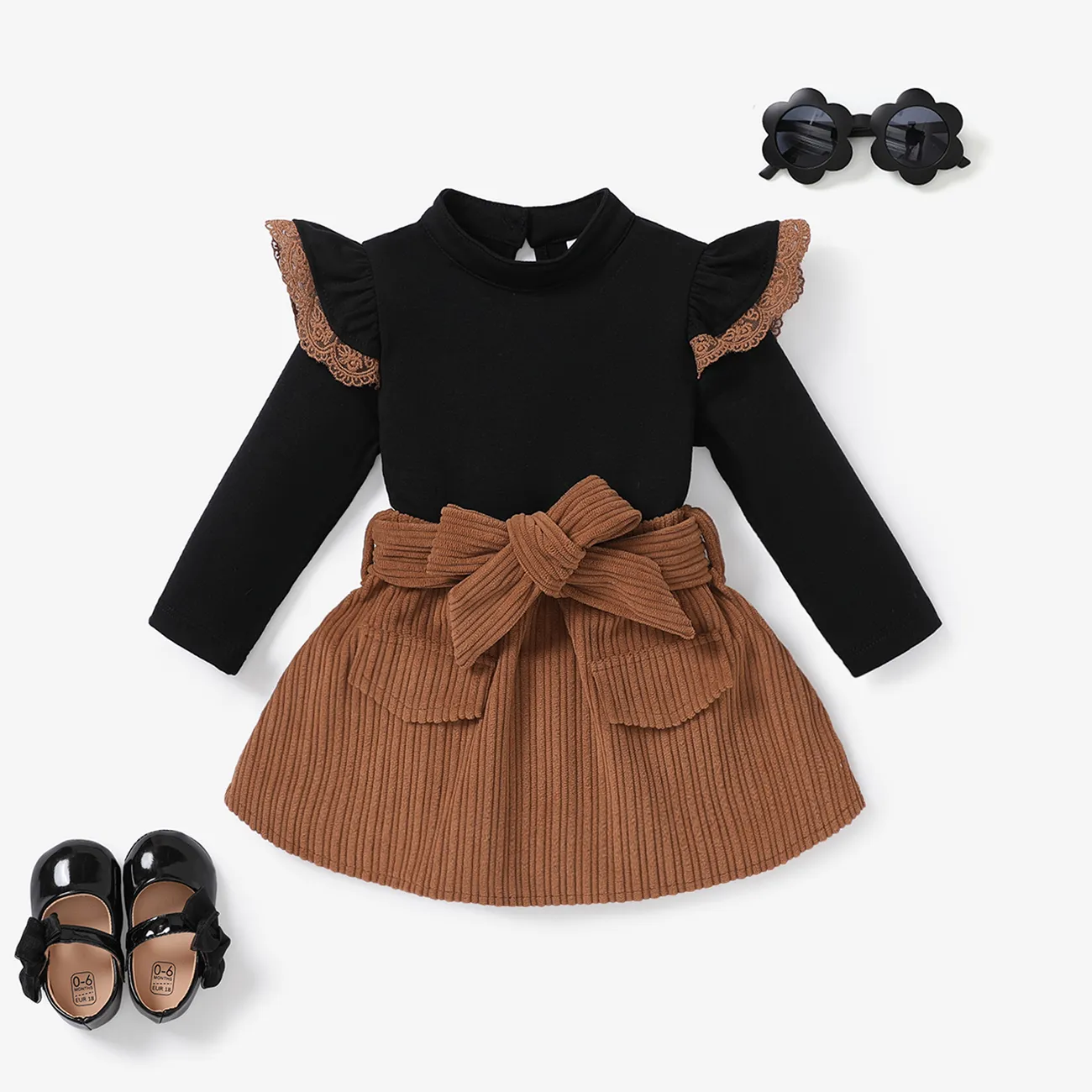 2PCS Baby Girl Solid Color Long Sleeve Lace Top/Belt Dress Set Brown big image 1