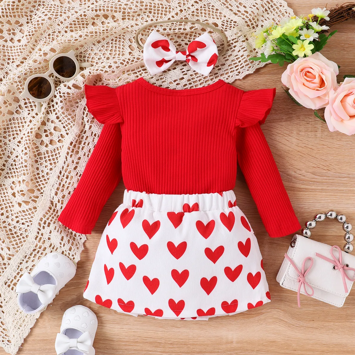 3PCS Baby Girl Christmas Ruffle Edge Top/Heart-shaped Skirt/Hair Clip Red image 2