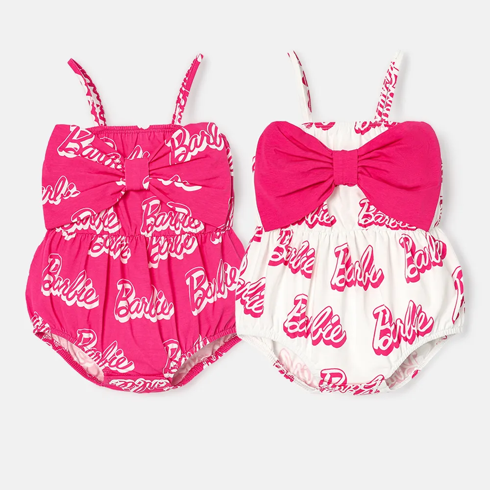 Barbie Baby Girl 95% Cotton Allover Letter Print Bow Front Cami Romper big image 7