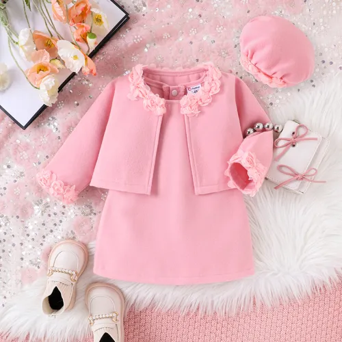 3PCS Baby Girl Sweet   Solid Color Hyper-Tactile Long-Sleeve Dress Set 