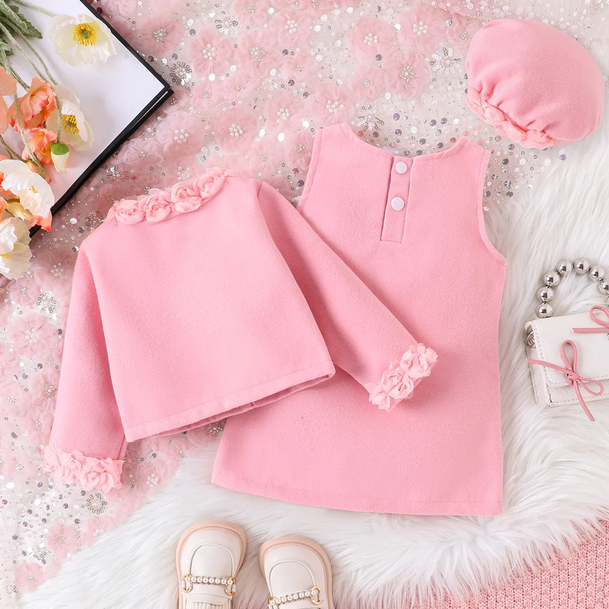 3件 嬰兒 立體造型 甜美 長袖 套裝裙 粉色 big image 1