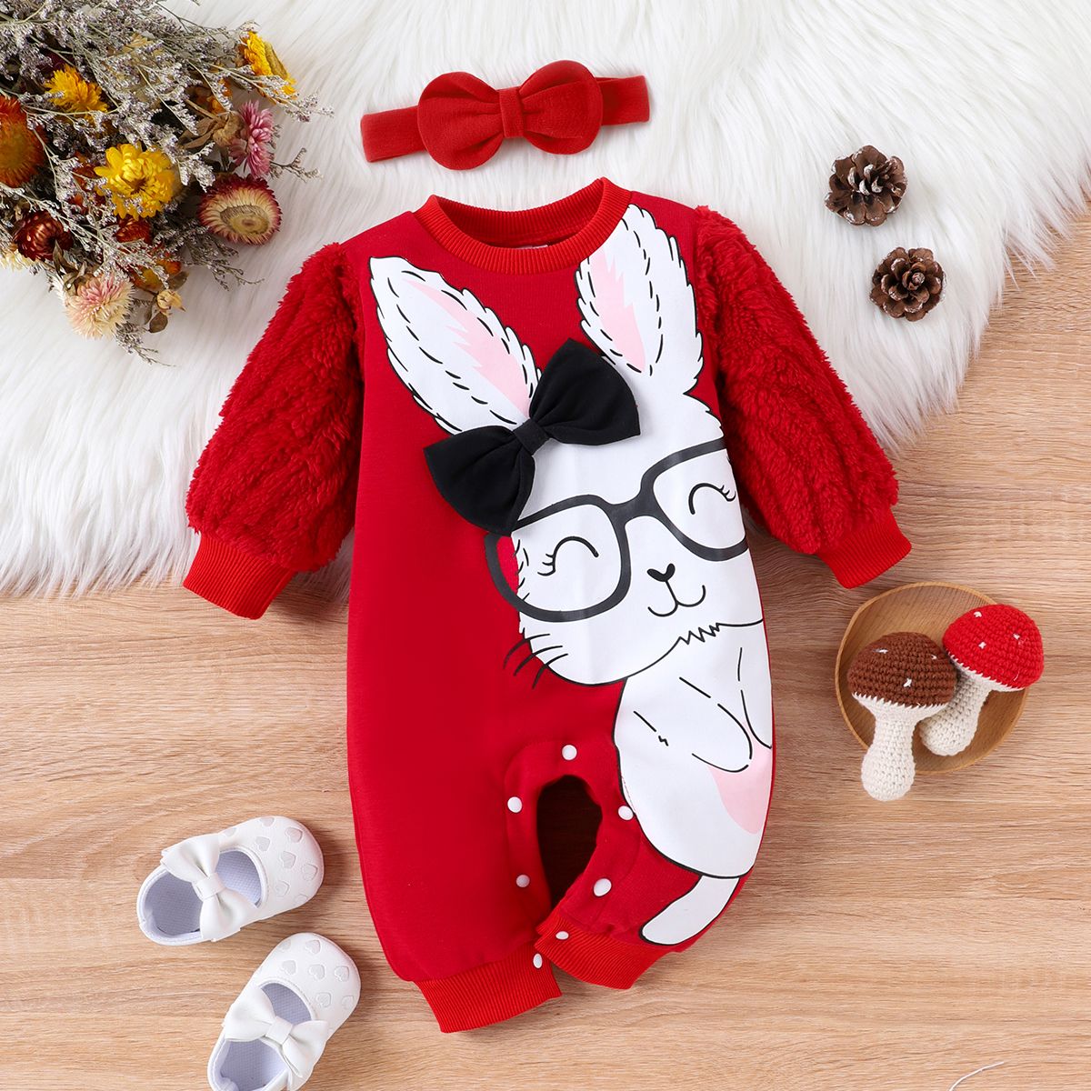 2PCS Baby Girl Childlike Animal Rabbit Print Hooded Jumpsuit