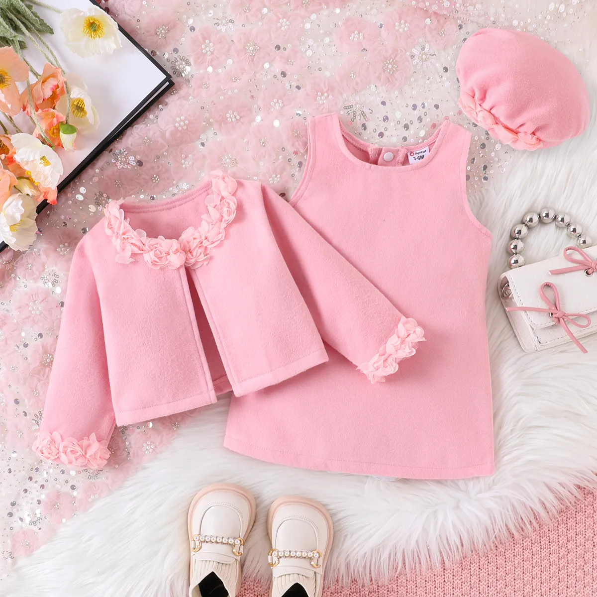 3PCS Baby Girl Sweet   Solid Color Hyper-Tactile Long-Sleeve Dress Set  Pink big image 1