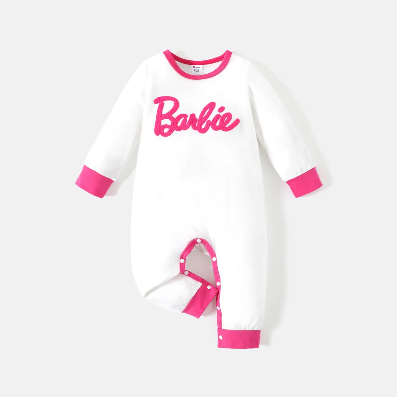 Barbie Baby Girl Letter Embroidered Long-sleeve Jumpsuit White big image 1