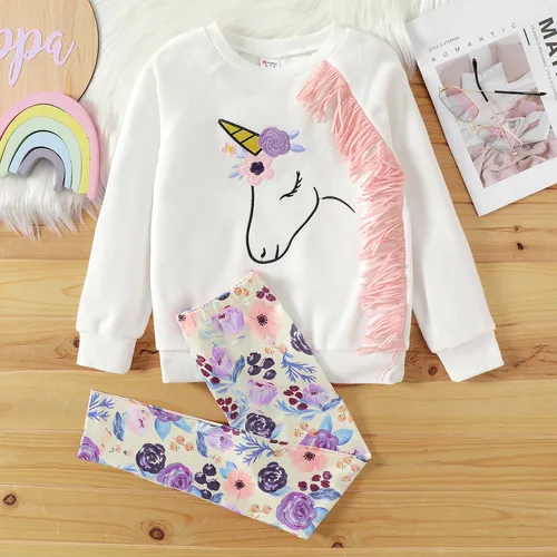 2pcs Kid Girl Animal Unicorn Print Tassel Fleece Sweatshirt and Floral Print Leggings Set