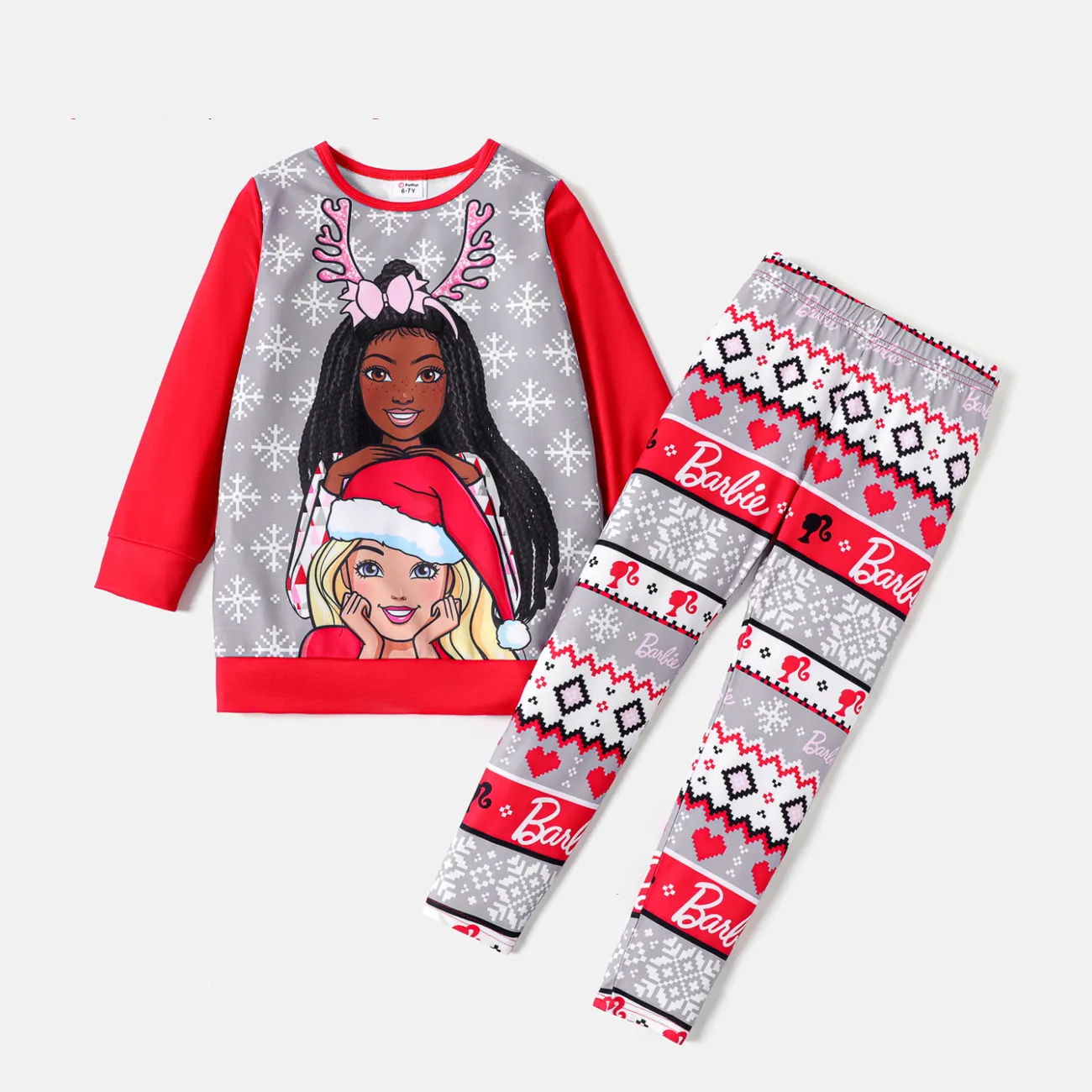 Barbie 2pcs Kid Girl Christmas Snowflake Print Sweatshirt and Elasticized Pants Set Red big image 1