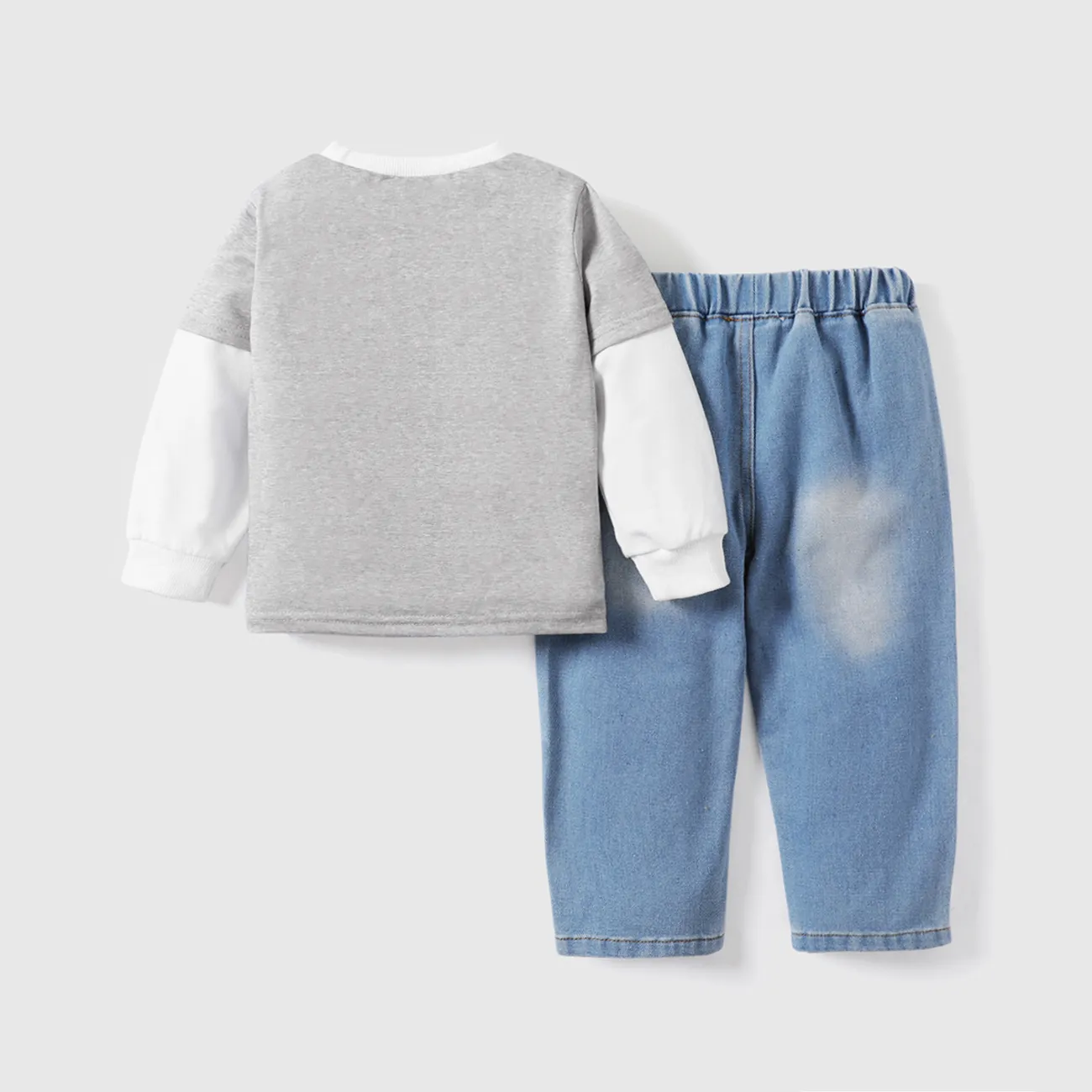 2PCS Toddler Boy Childlike Animal Pattern Top/Faux Layered Denim Pants Set Grey big image 1